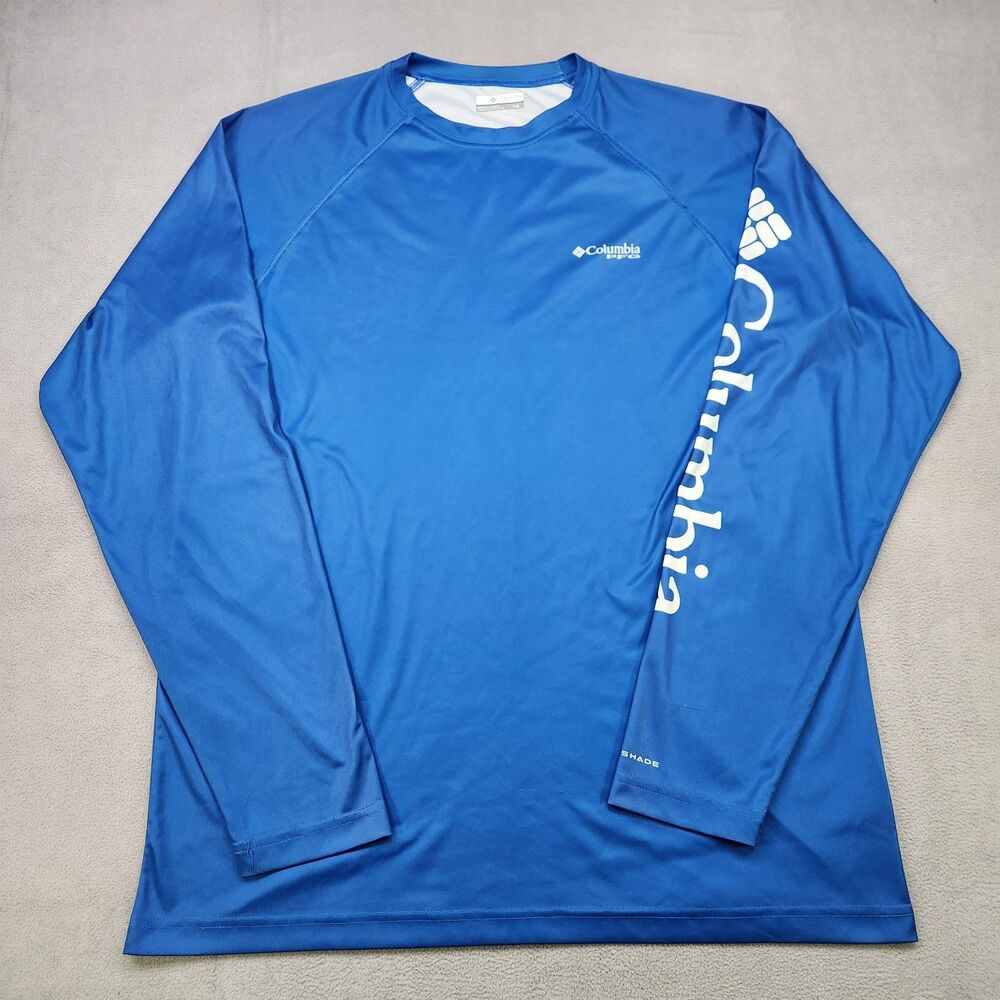 Columbia PFG Shirt Men L Blue Long Sleeve Performance Fish Omni-Shade USA Flag